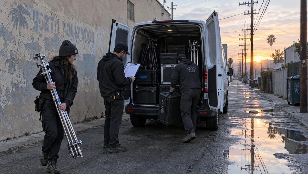 Three crew members loading cases and stands into a van in a North Hollywood alley at sunrise