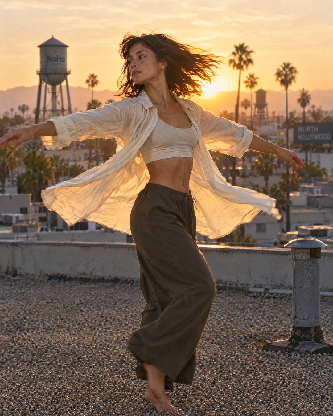 Dancer mid-turn on a North Hollywood rooftop at golden hour, a cream shirt flaring with the spin