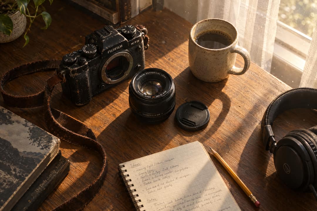 A well-used camera, lens and notebook on a desk in late afternoon light