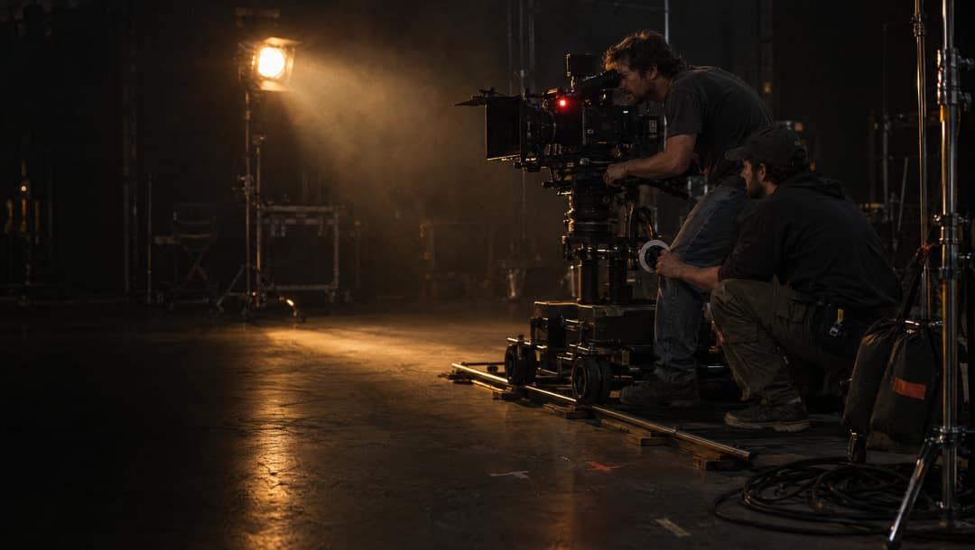 A cinematographer and focus puller working a cinema camera on a hazy, tungsten-lit soundstage