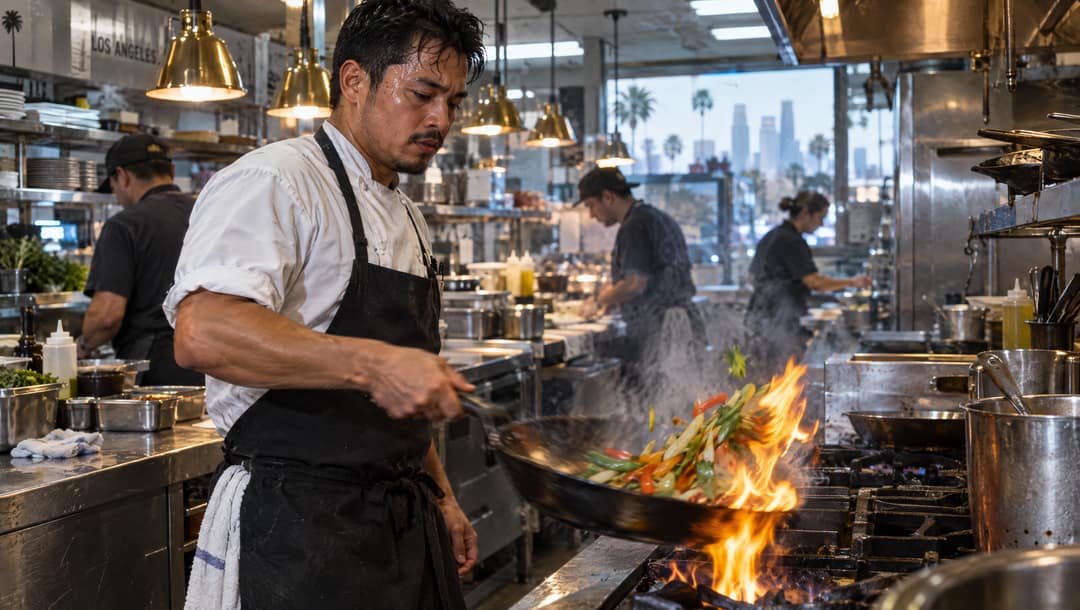Chef tossing vegetables in a flaming pan in a busy open kitchen