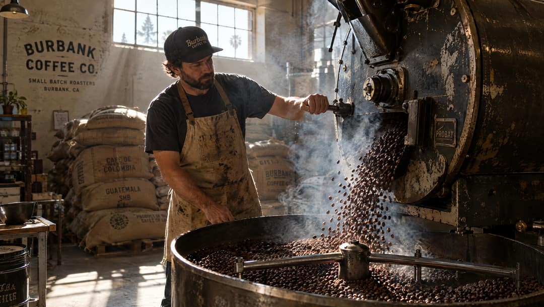 Roaster pouring freshly roasted beans into a cooling tray in morning light
