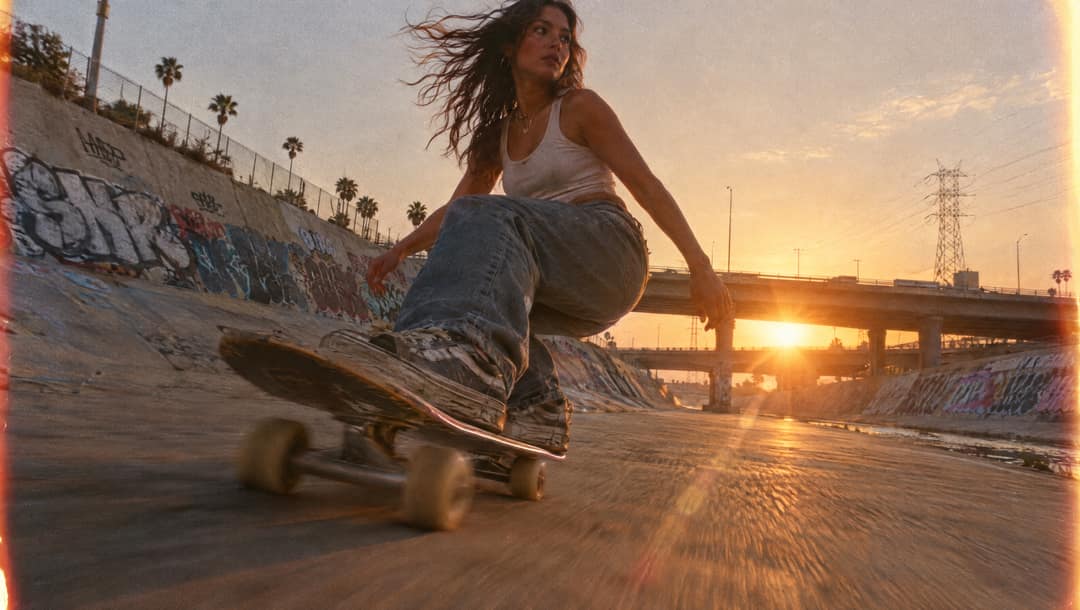 Skateboarder carving through the concrete Los Angeles River channel at sunset