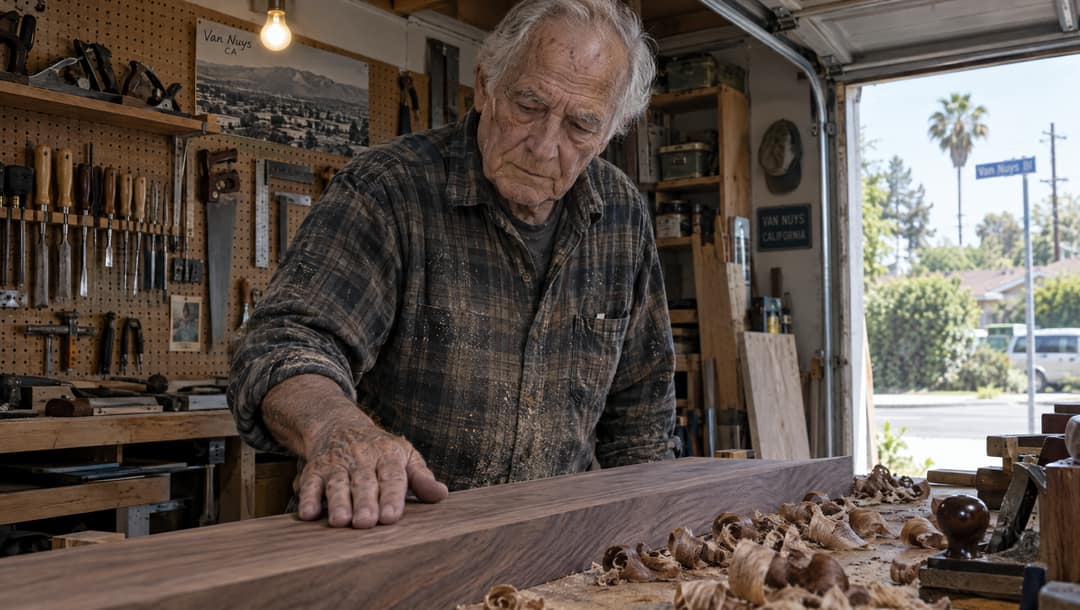 Retired woodworker running his hand along a planed walnut board